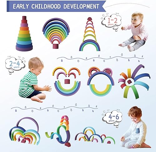 Miniatura 10 de MCGMITT Juguete apilable de arcoíris, apilador de arcoíris de silicona para niños, bloques de anidación Montessori, juego de juguetes a juego con