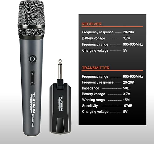 Miniatura 4 de Micrófono inalámbrico Platinum, UHF de mano dinámico multiusos micrófono con control de volumen y receptor recargable, micrófono de karaoke para