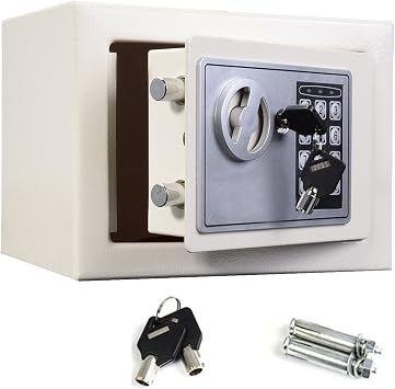 Digital Electronic Safe Box for Home Office, 4.6 Litre Small 6.7 x 9  x 6.7  White, Wall Floor Anchoring Design Cabinet Safes for Cash Jewelry with 2 Emergency Keys