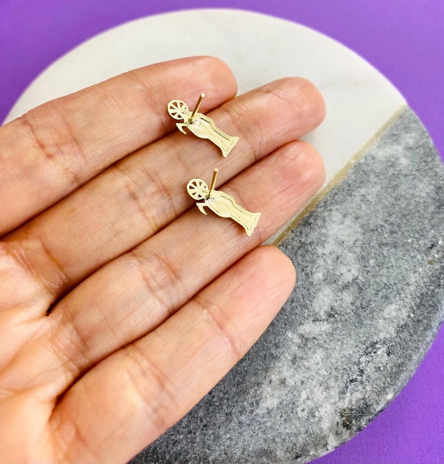 Solid 14K Two Tone Gold Santa Muerte Stud Earrings, 15mm x 6mm Small Grim Reaper Angel of Death