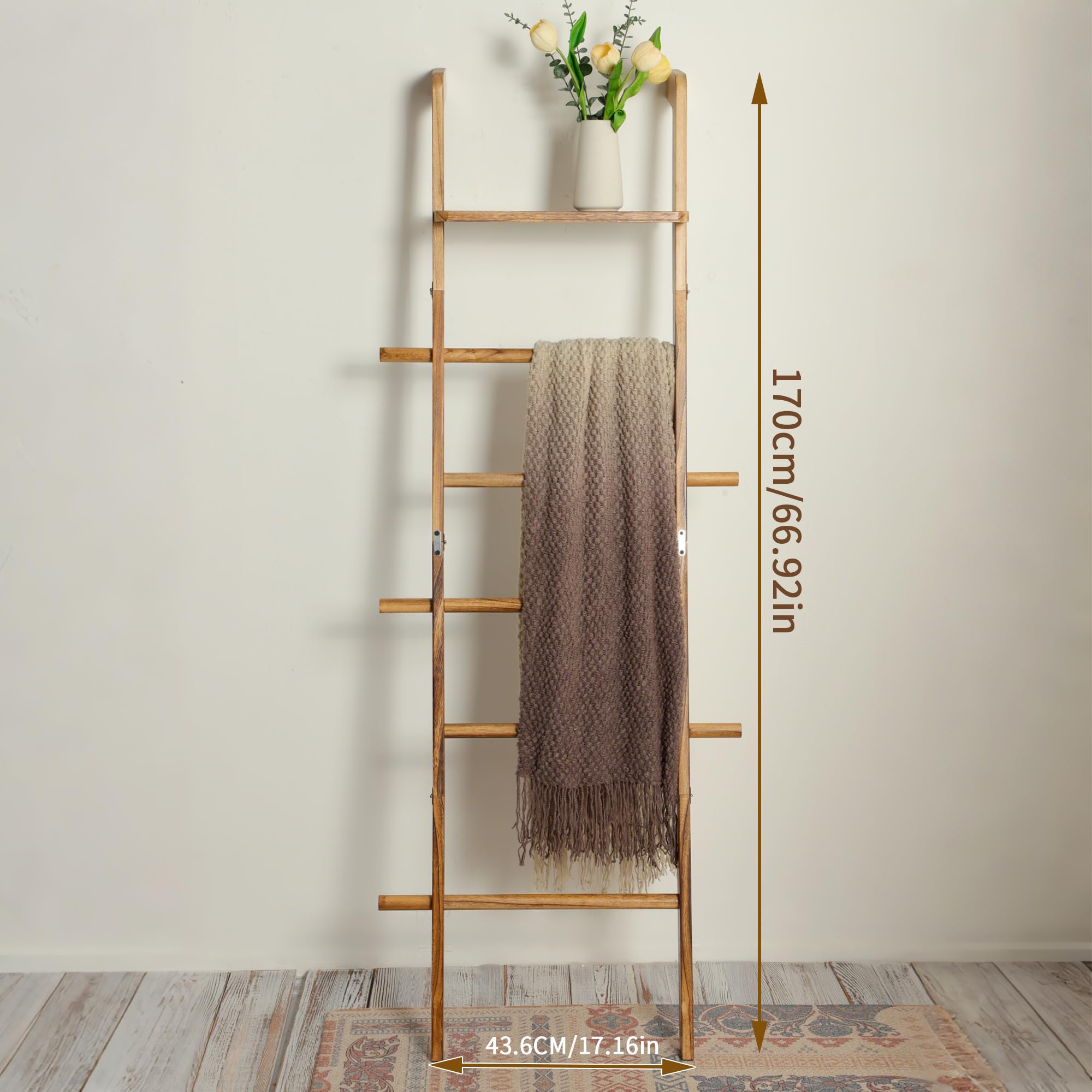 ZUNTO 5-stufige Handtuchleiter Holz mit Ablage & Haken - Vintage Handtuchhalter Leiter mit Regal für Bad, Wohnzimmer und Schlafzimmer - Deko-Leiter für Handtücher, Decken und Deko, Braun