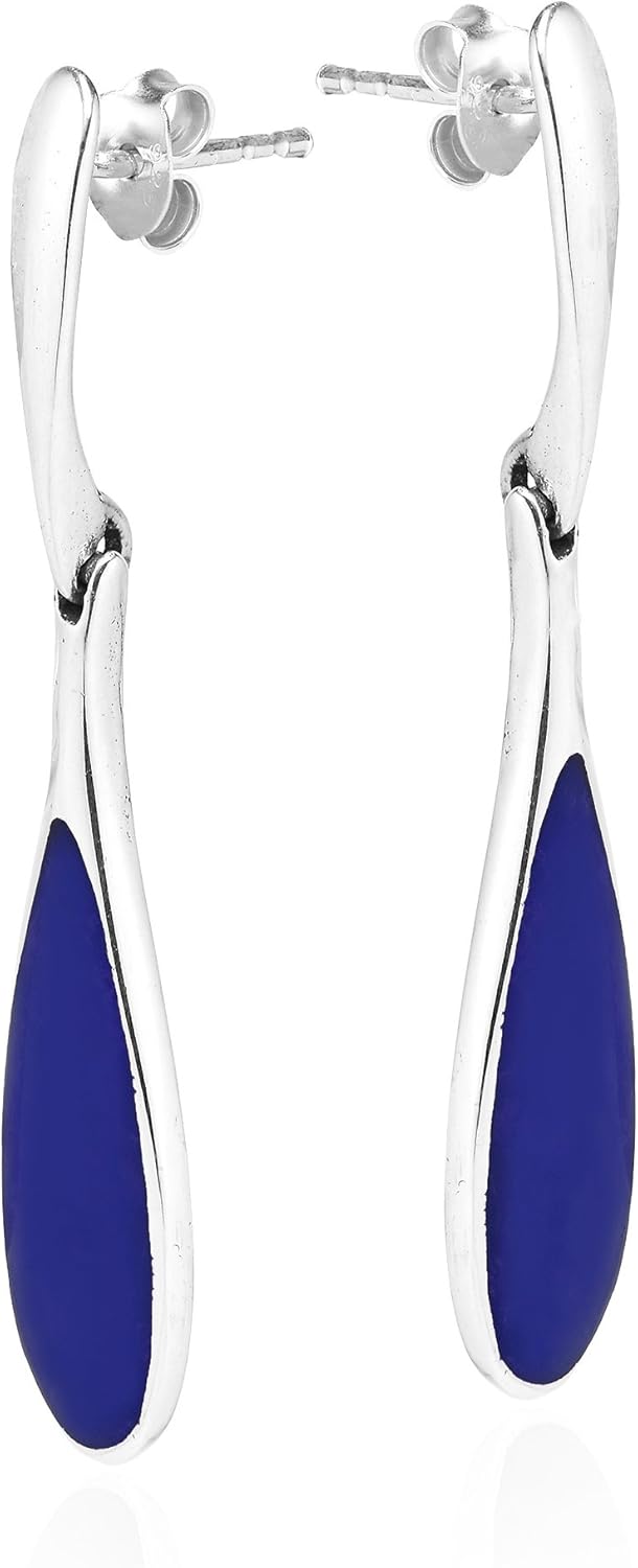 Sleek Teardrop Shaped Simulated Blue Lapis-Lazuli Inlay .925 Sterling Silver Dangle Earrings