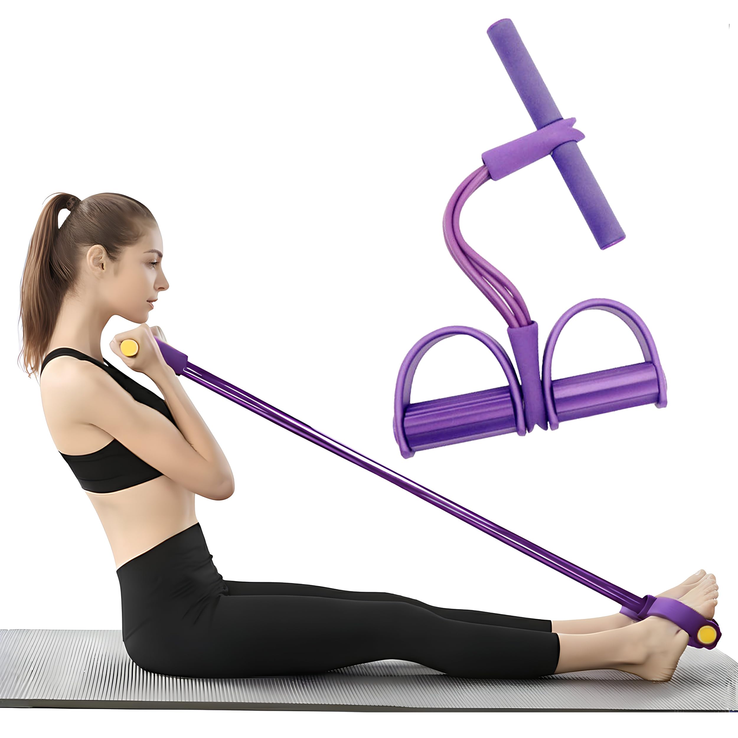 Pedal Resistance Bands with Handle, 4 Tube Ab Workout Equipment, Sit Up Trainer Elastic Pull Rope, Full Body Fitness Expander for Home Gym, Leg Trainer for Abs, Arms, Weight Loss, Yoga