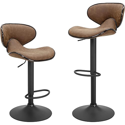 Finnhomy Bar Stools Set of 2 Counter Height, Swivel Barstools with Footrest and Back, Height Adjustable Modern Bar Chairs, Vintage Leather, Retro Brown