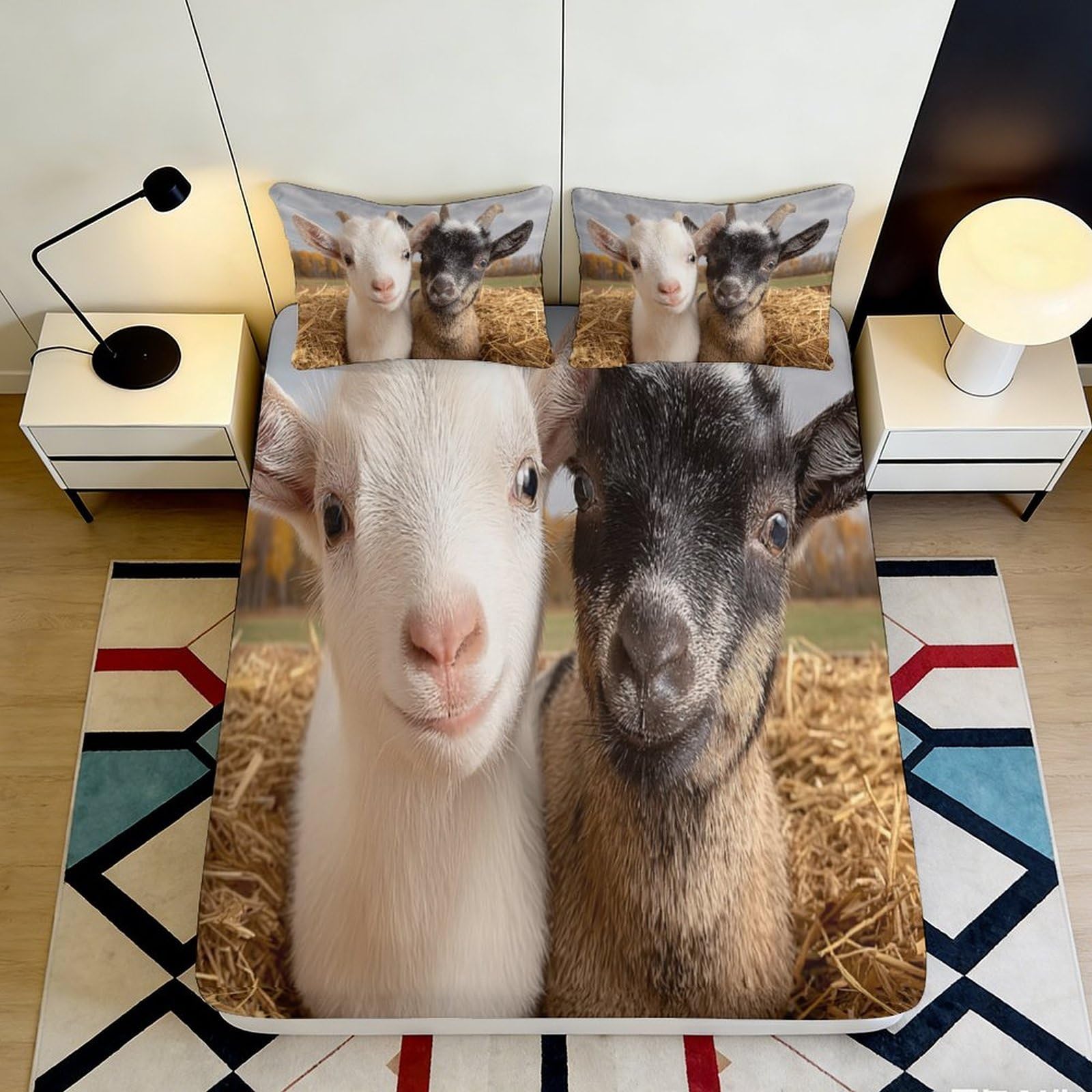 3D Printed Goat Friends Fitted Sheet Microfiber Soft Anti-Slip Animal Farmhouse Bed Cover for Bedroom Decor 160x200x25cm