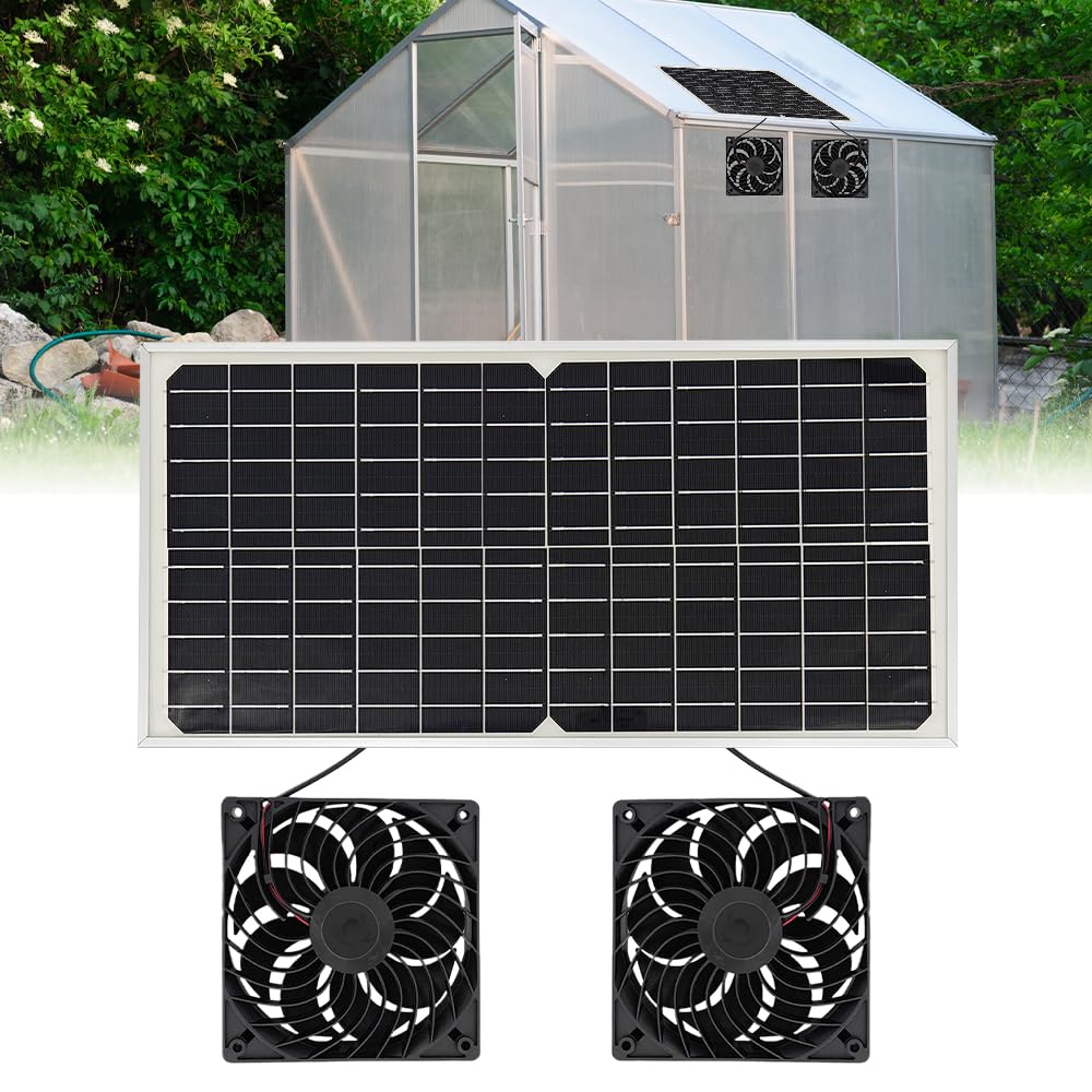 Solar Ventilator Gewächshaus, 16W Solarlüfter Gartenhaus mit DC Doppelventilator, Solar Lüfter Solarventilator, Ventilator Solarbetrieben für Kleine Hühnerställe, Gewächshäuser, Fenster Auspuff