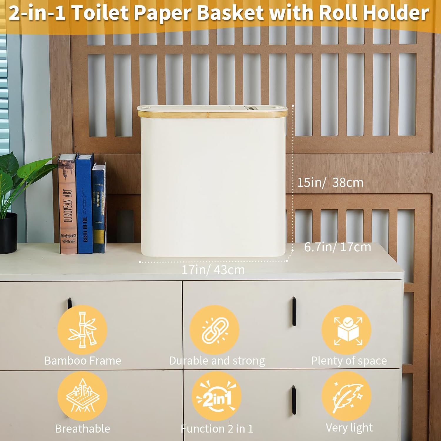 efluky Toilet Paper Storage and Holder 2 in 1, Toilet Paper Storage with Lid for Bathroom 28L, Free Standing Holder Organizer Holds Up to 9-12 Rolls, Beige image 2