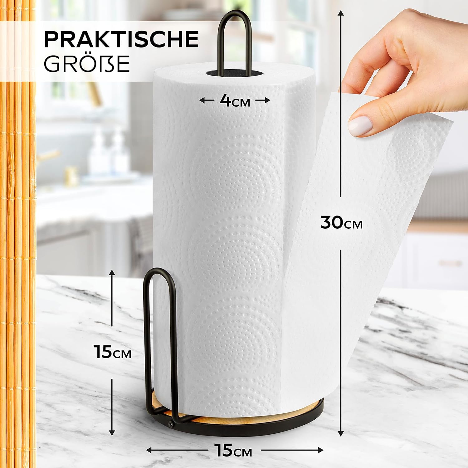 HIKITCHEN® Stojak na ręczniki papierowe kuchenne ze stali z bambusowym dnem – uchwyt na rolki papieru kuchennego (czarny)