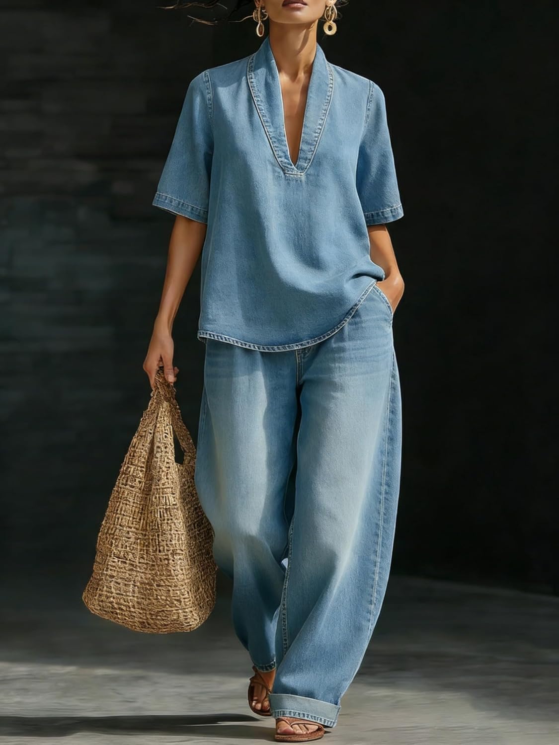 Denim Set for Women 2 Piece Short Sleeve V Neck Loose Top and Wide Leg Pants Set Casual