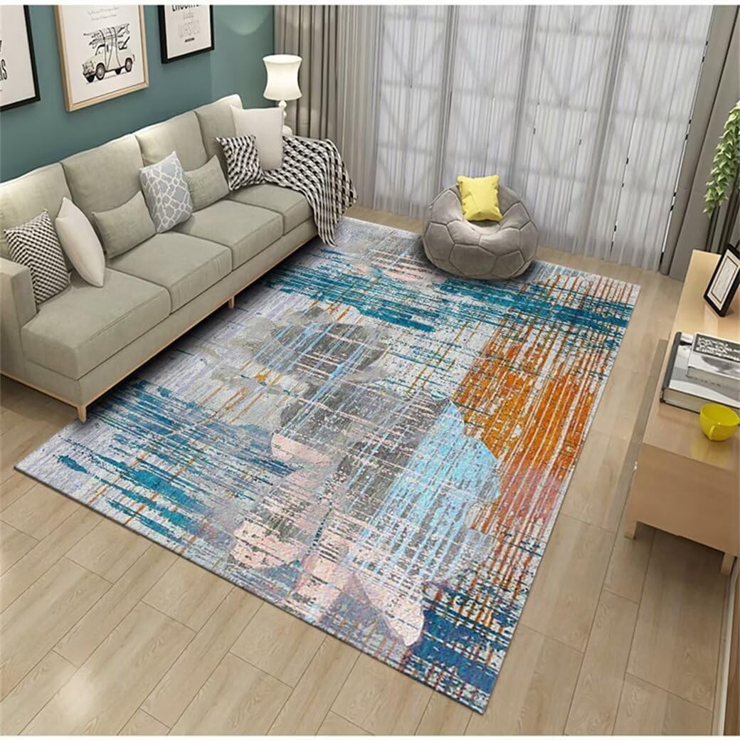 Tapis enfant fille et garçon bleu au design abstrait contemporain