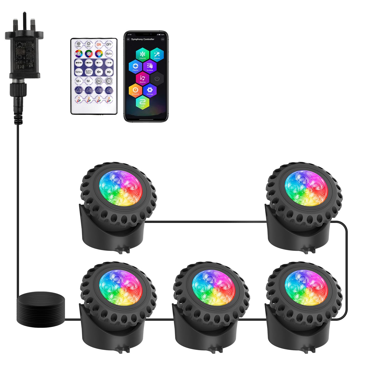 T-SUN RGB Pond Lights Mains Powered Submersible LED Underwater Fountain Spotlights with Bluetooth APP Control IP68 Waterproof for Aquariums Fish Tanks Pools Garden Yard Ponds (Set of 5)