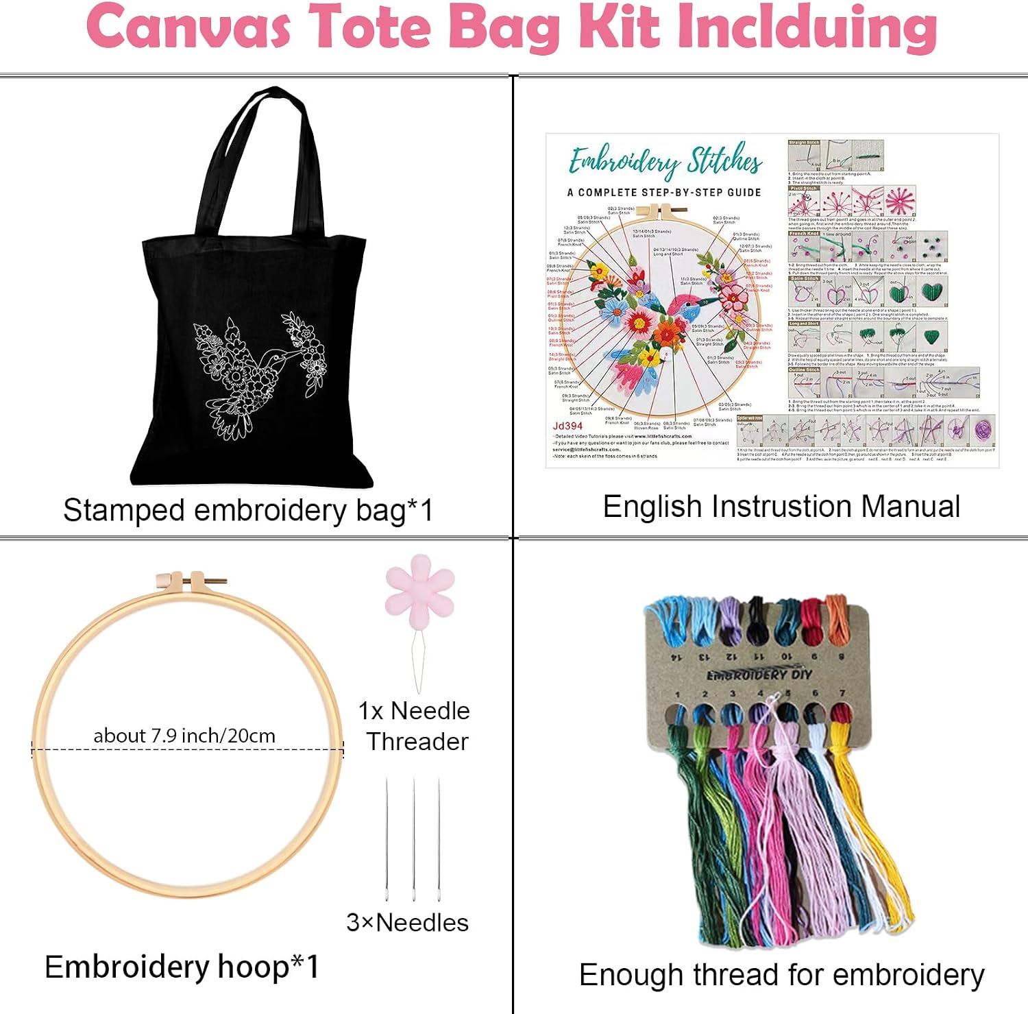 Nuberlic Embroidery Tote Bag Kit for Beginners with Floral Bird Pattern image 3