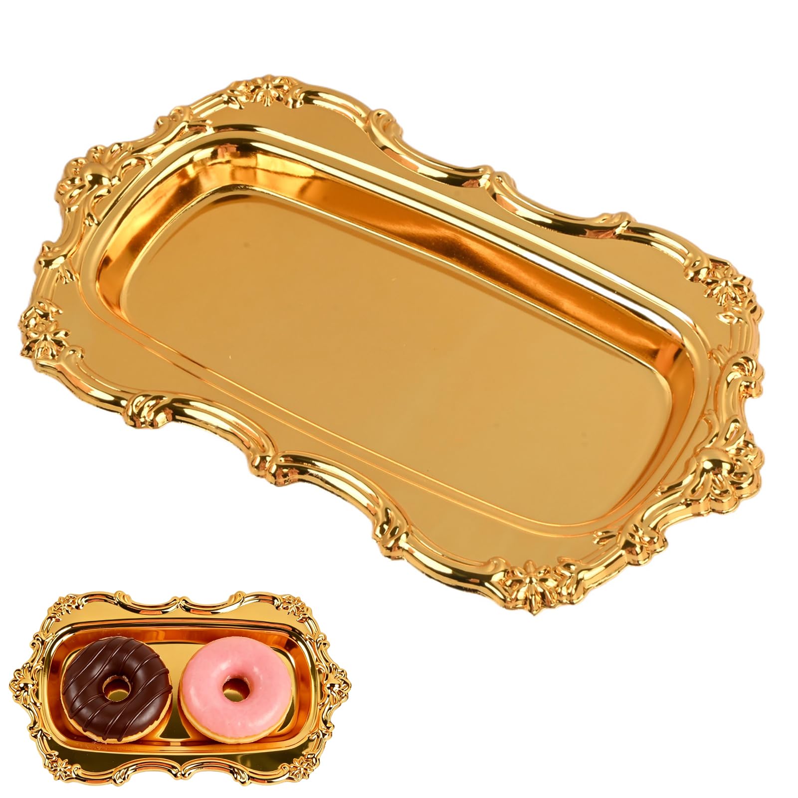Meralo Gold Metal Serving Tray, Decorative Jewelry Organizer and Trinket Dish, Elegant Tableware Platter for Dessert, Cake, Tea and Perfume, Kitchen Party Serving Dishes (Gold)