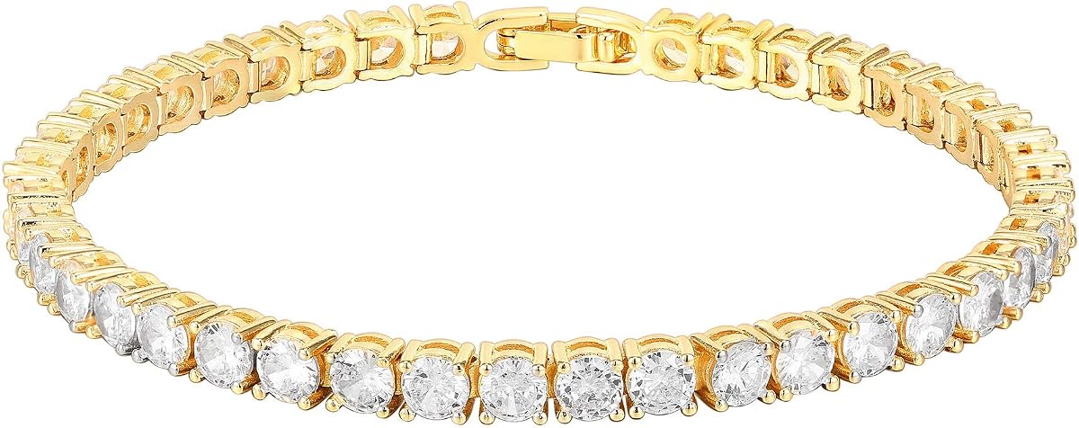 Pulsera de tenis clásica de zirconia cúbica chapada en oro PAVOI de 14 K | Pulseras de oro para mujer | 4 mm CZ | Pulseras de oro con zirconia cúbica redonda de 4 mm, tamaño 6,5-7,5 pulgadas