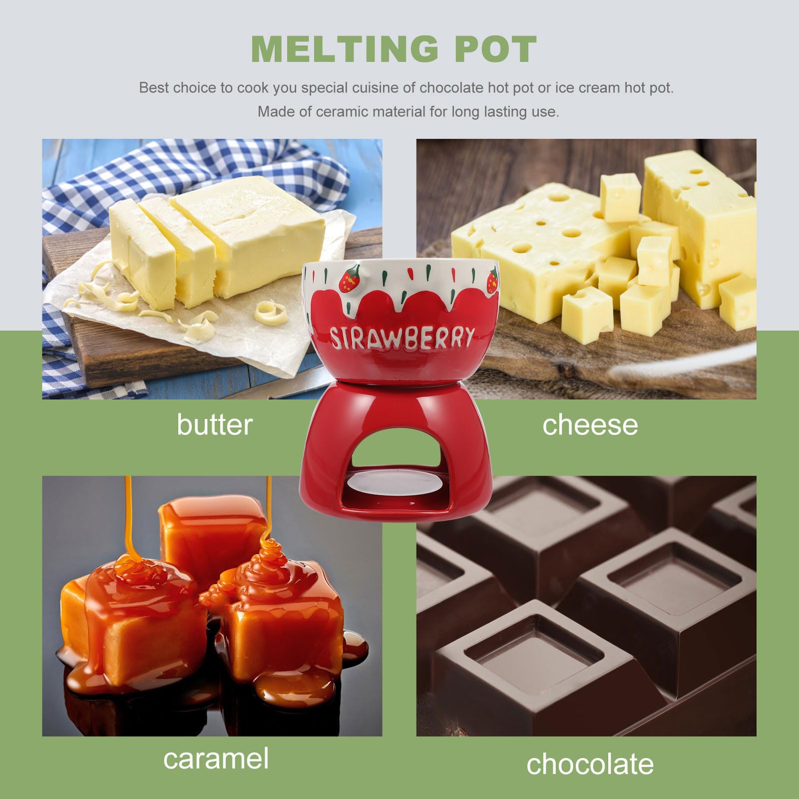 Olla de Cerámica para Fondue de Chocolate y Queso Calentador para Mantequilla, Diseño Fresa Rojo, Adecuado Obsequio para Amigos y Familia en Invierno