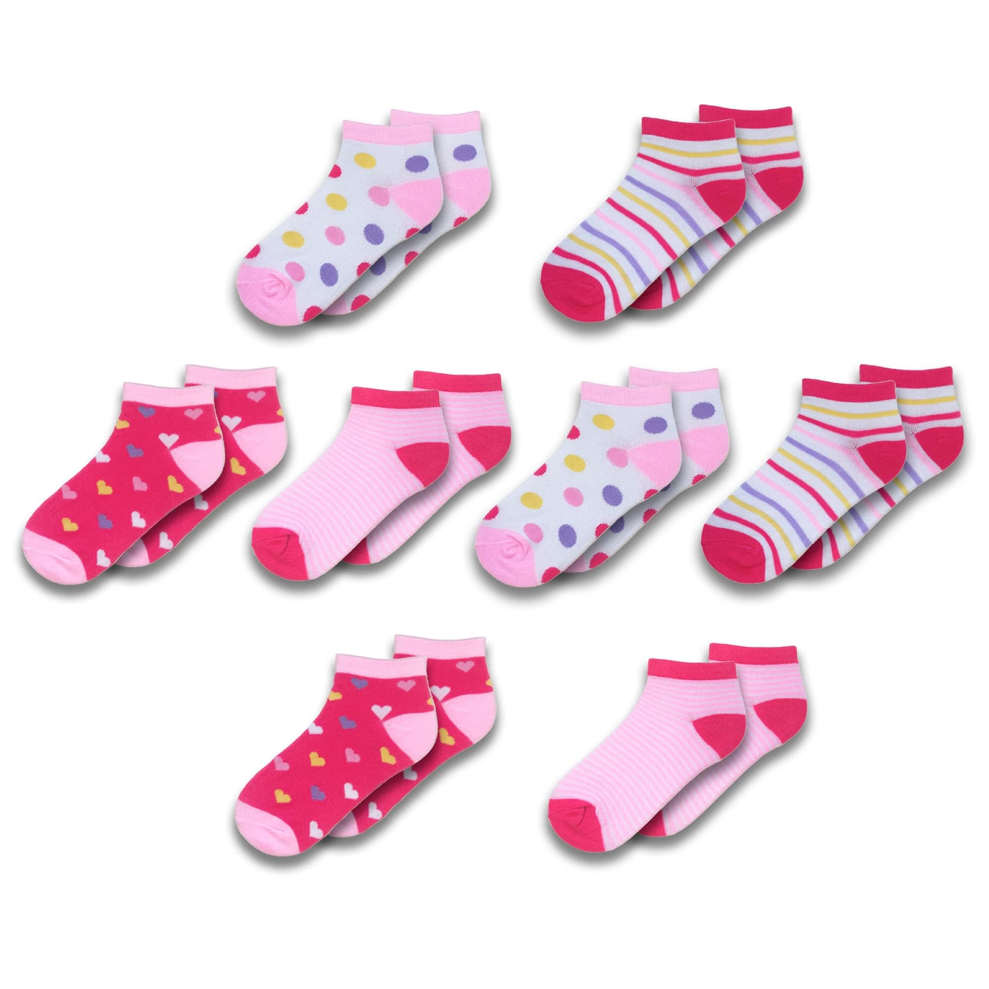 The Essentials Wardrobe Girls Spots/Hearts Tew 8 Pack Design Trainer Liner Socks - Uk 4-5.5/Eu 37-38.5