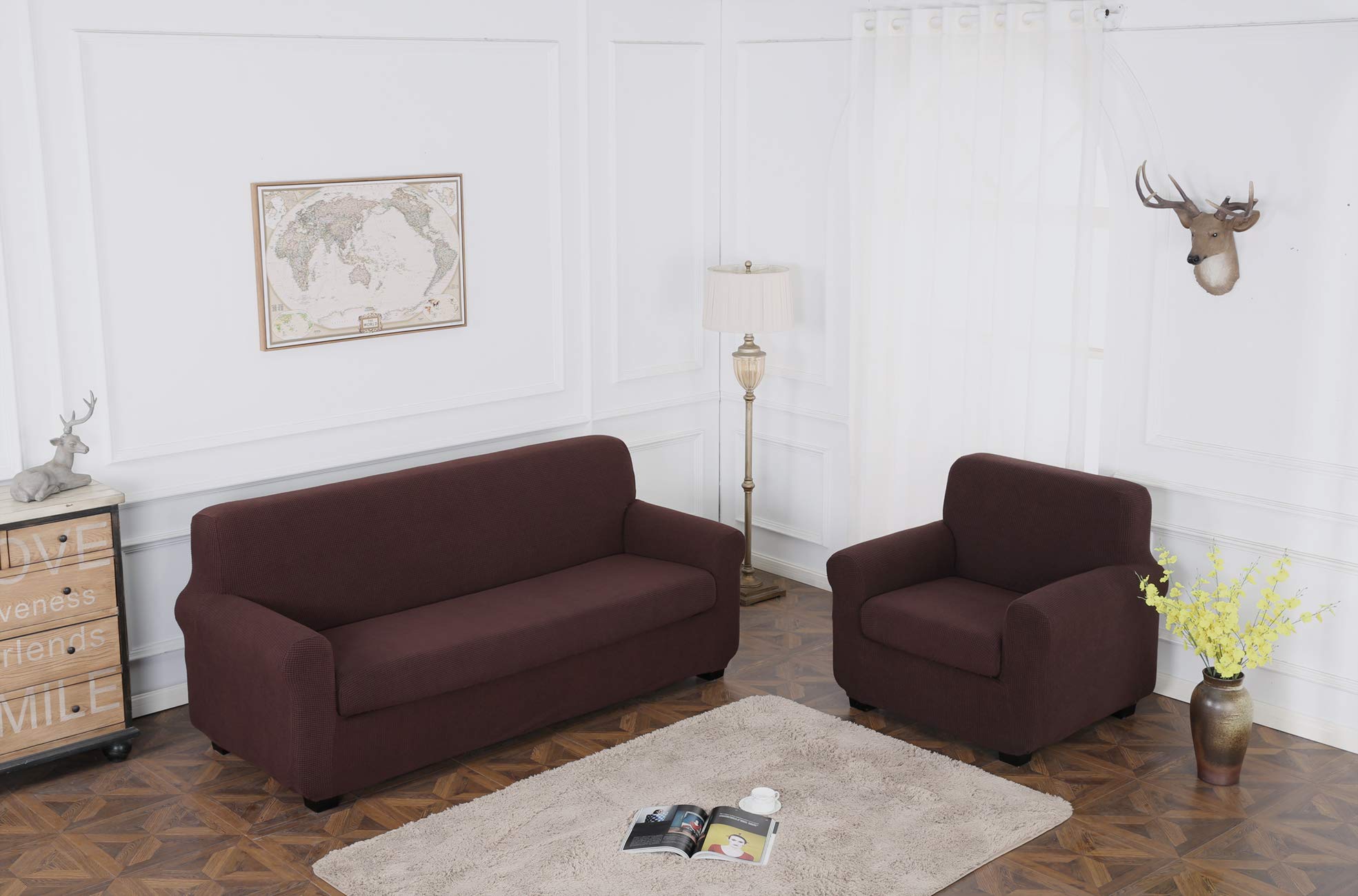 TIANSHU Fodera per Poltrona, Copri Poltrona 3 Posti Elasticizzato Jacquard Antiscivolo Copertura Poltrona Fodere Copridivani Contiene 1 copridivano e 1 coprisedile Divano (3 Posti, Cioccolate)