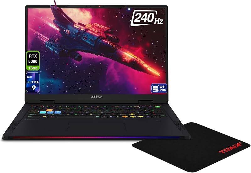 msi Raider 18 HX Gaming Laptop, Intel Ultra 9-285HX, 32 GB DDR5 RAM, 2 TB PCIe SSD, 18" QHD+ (2560x1600) 240Hz, Nvidia G-Force RTX 5080, RGB Backlit Keyboard, W11 Pro, Core Black + Traix Mousepad