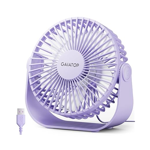 Gaiatop USB Desk Fan, 3 Speeds Strong Airflow, 5.5 Inch Portable 90° Rotate Quiet Cooling, Small Personal Table Fans for Bedroom Home Office Travel Purple