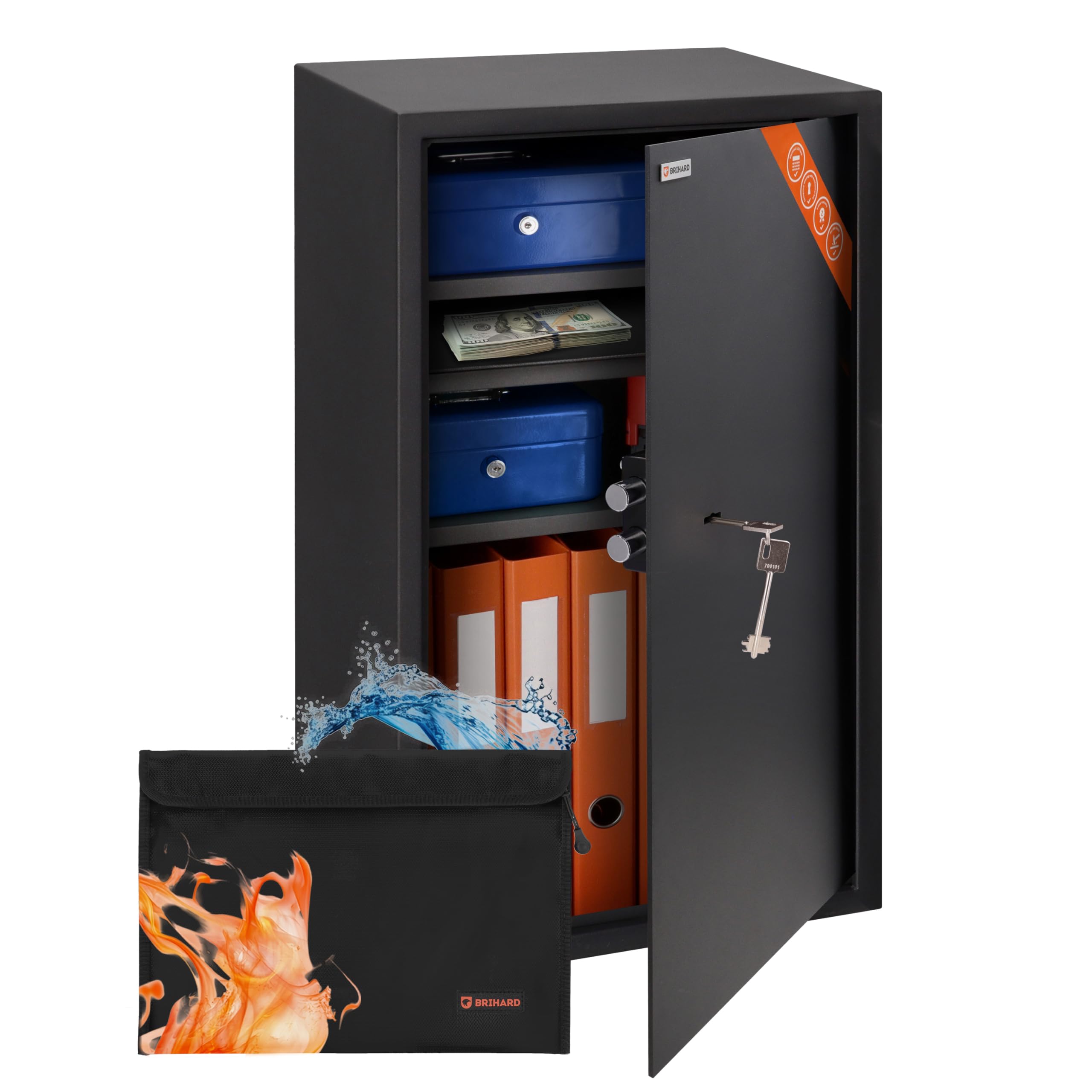 Photo 1 of Brihard Business XXL Key Lock Safe 28.74"H x 15.75"W x 14.17"D with Fireproof A4 Bag, Large Office Safe 3.6 Cubic Feet for Documents A4 with 3 Height-Adjustable Shelves for Money & Jewelry