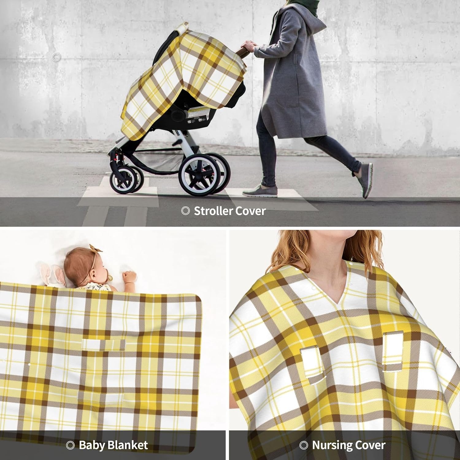 Yellow and Brown Tartan Plaid Baby Car Seat Cover & Breastfeeding Nursing Cover - Breathable Stretch Fabric Multi-Use Nursing Cover for Breastfeeding