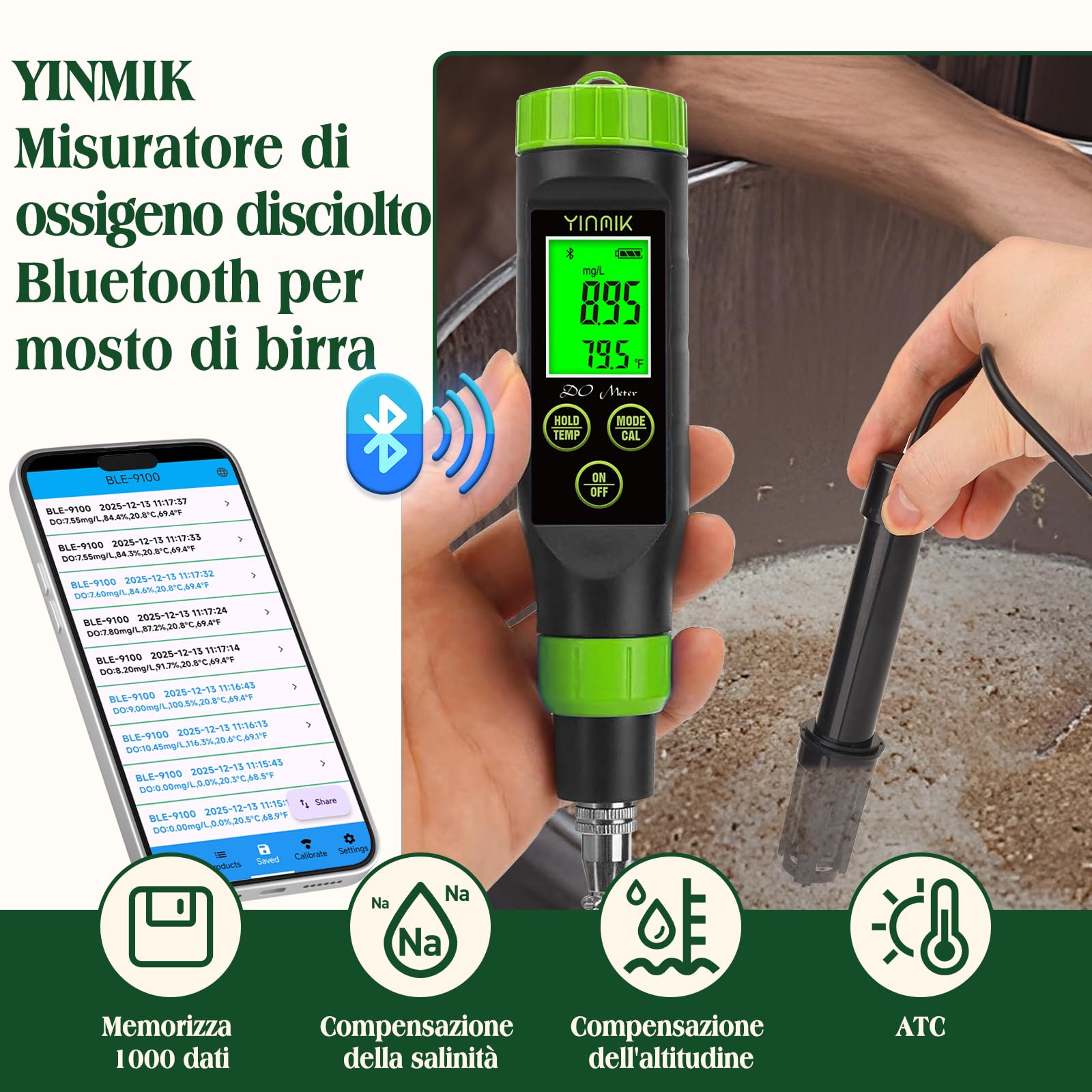 Misuratore di ossigeno disciolto YINMIK, misuratore di ossigeno portatile per laghetti, kit di test dell'ossigeno per acquaponica, tester di ossigeno digitale per acquari, vasche per pesci, idroponic