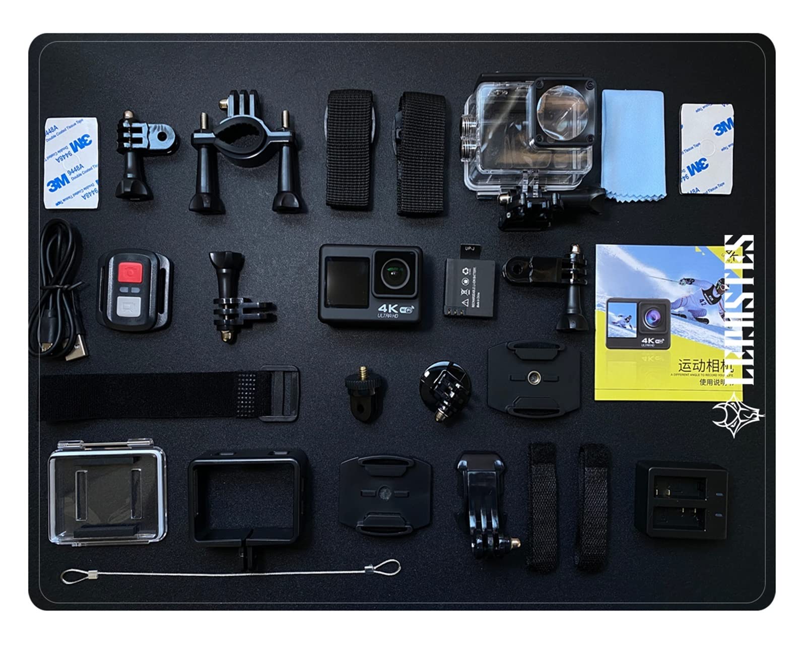 Macchina fotografica d'azione, Impermeabile 4K 60FPS Anti-shake Action Camera Doppio schermo 170 ° grandangolare 30m Fotocamera sportiva impermeabile con telecomando Cam all'aperto(32GB,4K -V35)