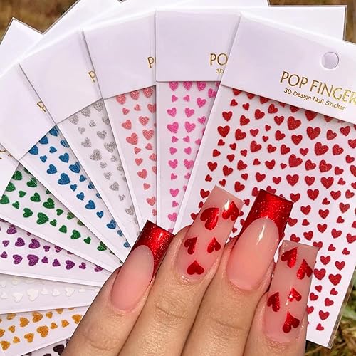 Heart Nail Art Stickers Decals 3D Shiny Glitter Love Hearts