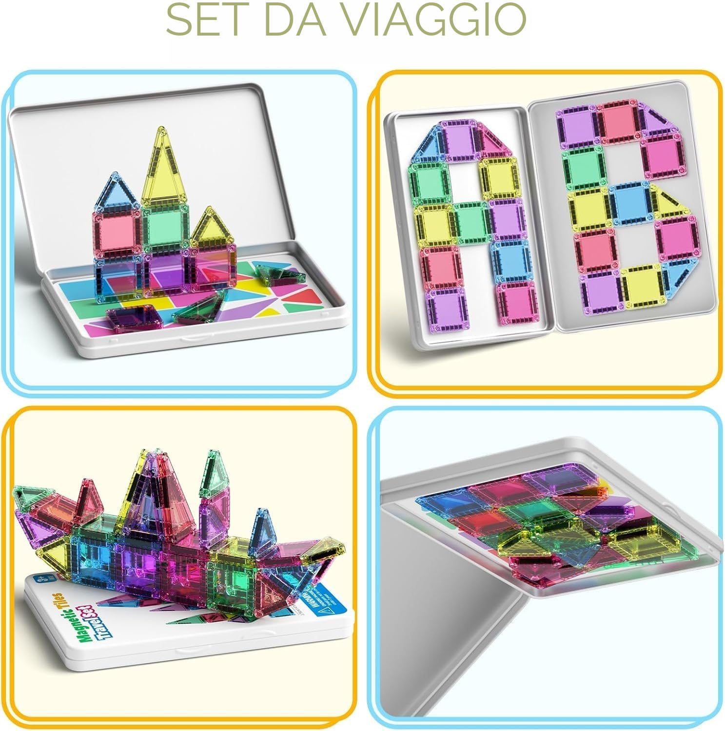 Set di 42 mattonelle magnetiche da viaggio per bambini, portatili, da viaggio, mini piastrelle magnetiche, giocattoli magnetici, scatola da costruzione montessori, giocattolo regalo per bambini di 3+
