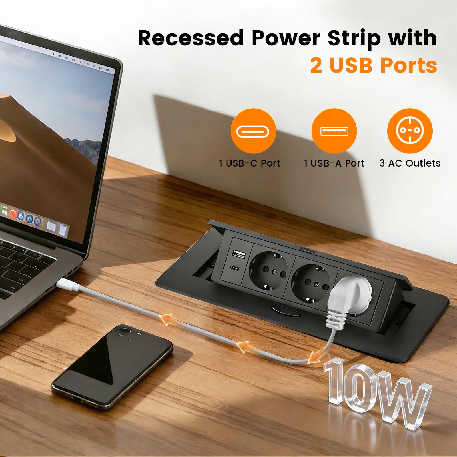 Enchufe para encimera de cocina, mesa de mesa, enchufe retráctil negro con USB, aluminio para escritorio, enchufe de mesa retráctil para sala de conferencias, hogar u oficina, cable de 1,8 m