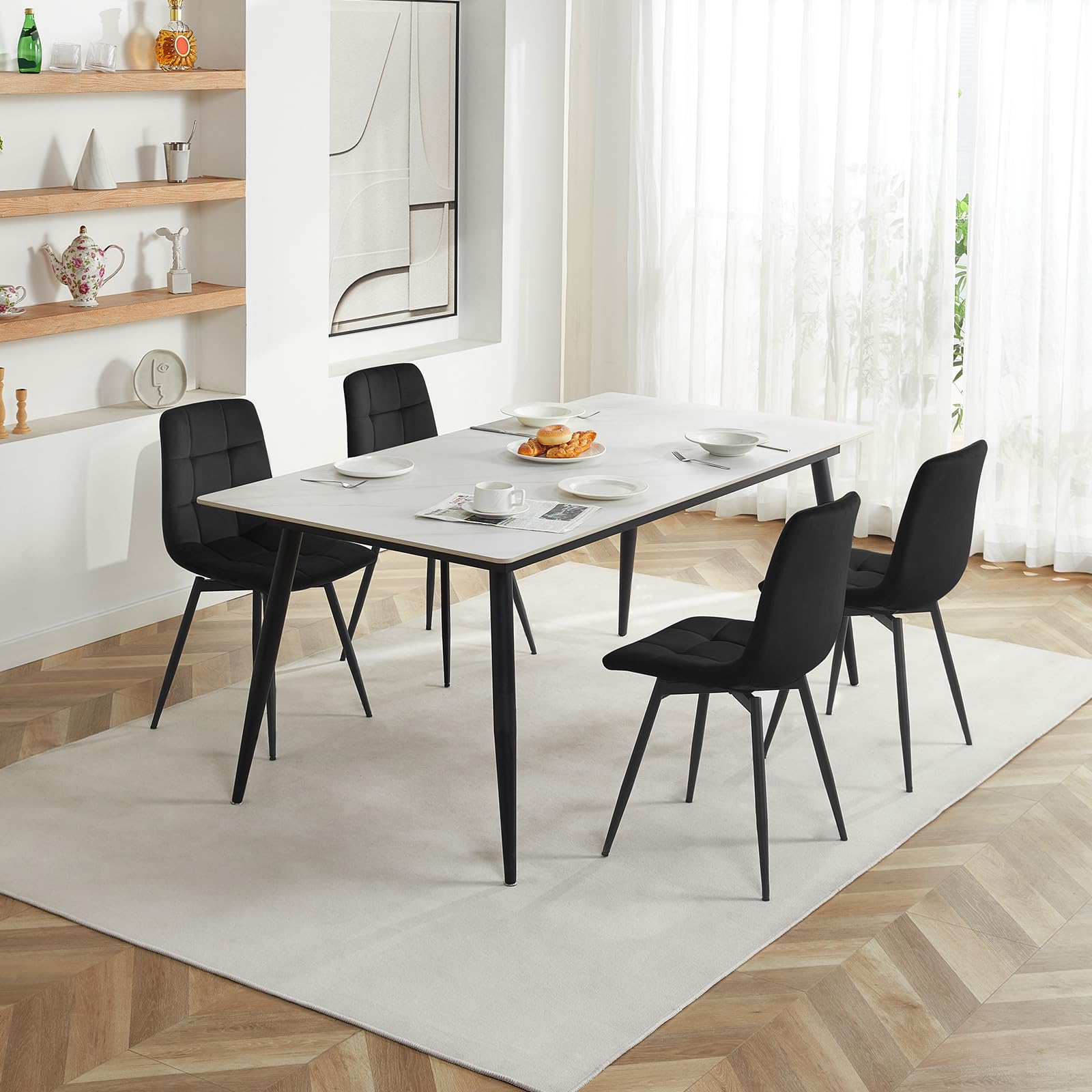 EUGAD Lot de 4 Chaises Pivotantes Salle à Manger, Chaises de Cuisine en Velours, avec Dossier, Assise Rembourrée, Pieds en Métal, pour Salle à Manger, Chambre, Salon, Noir