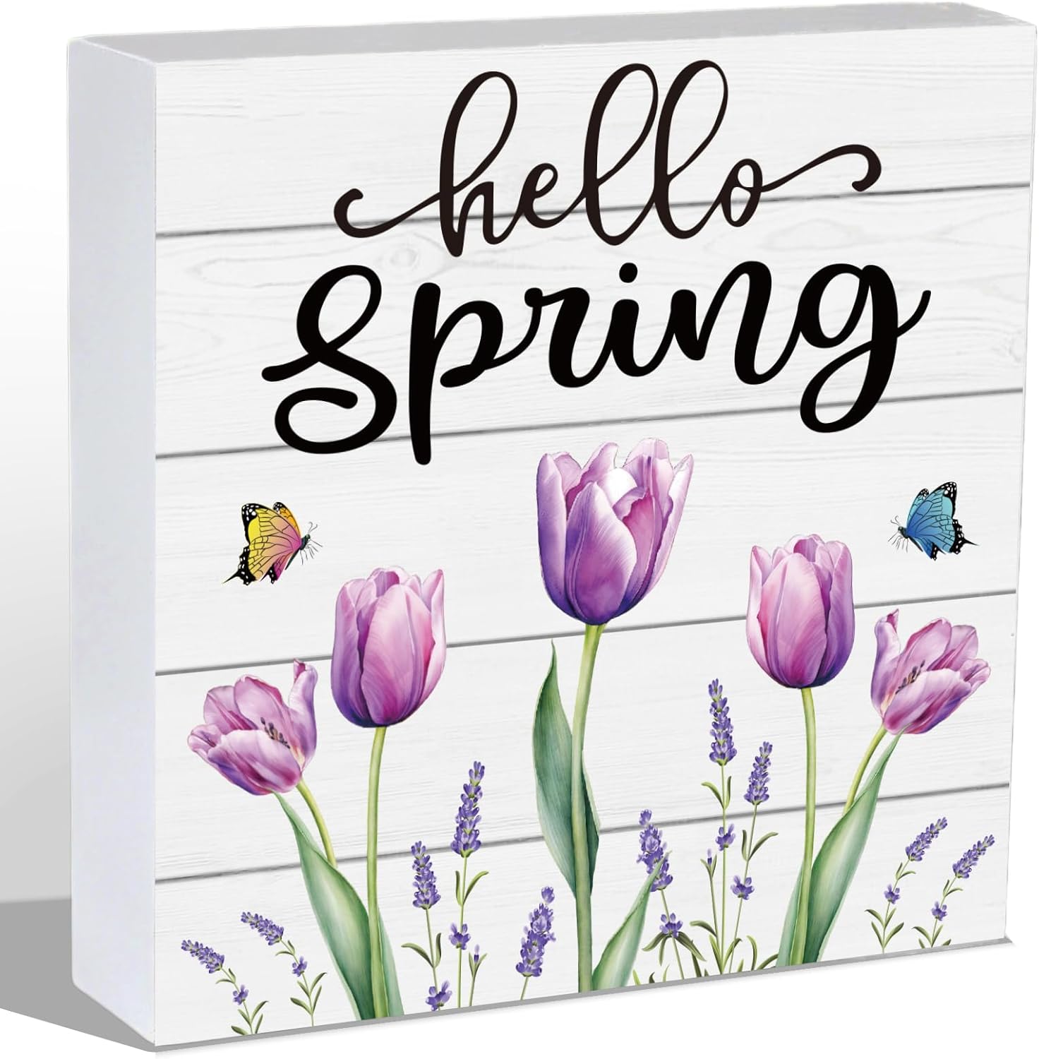 Spring Table Decor Spring Decorations Indoor Tulips Hello Home Room Office Bathroom Wood Box Sign Rustic Wooden Shelf Desk Decor Season Sign House Warming Gifts 5.9 x 5.9 Inch