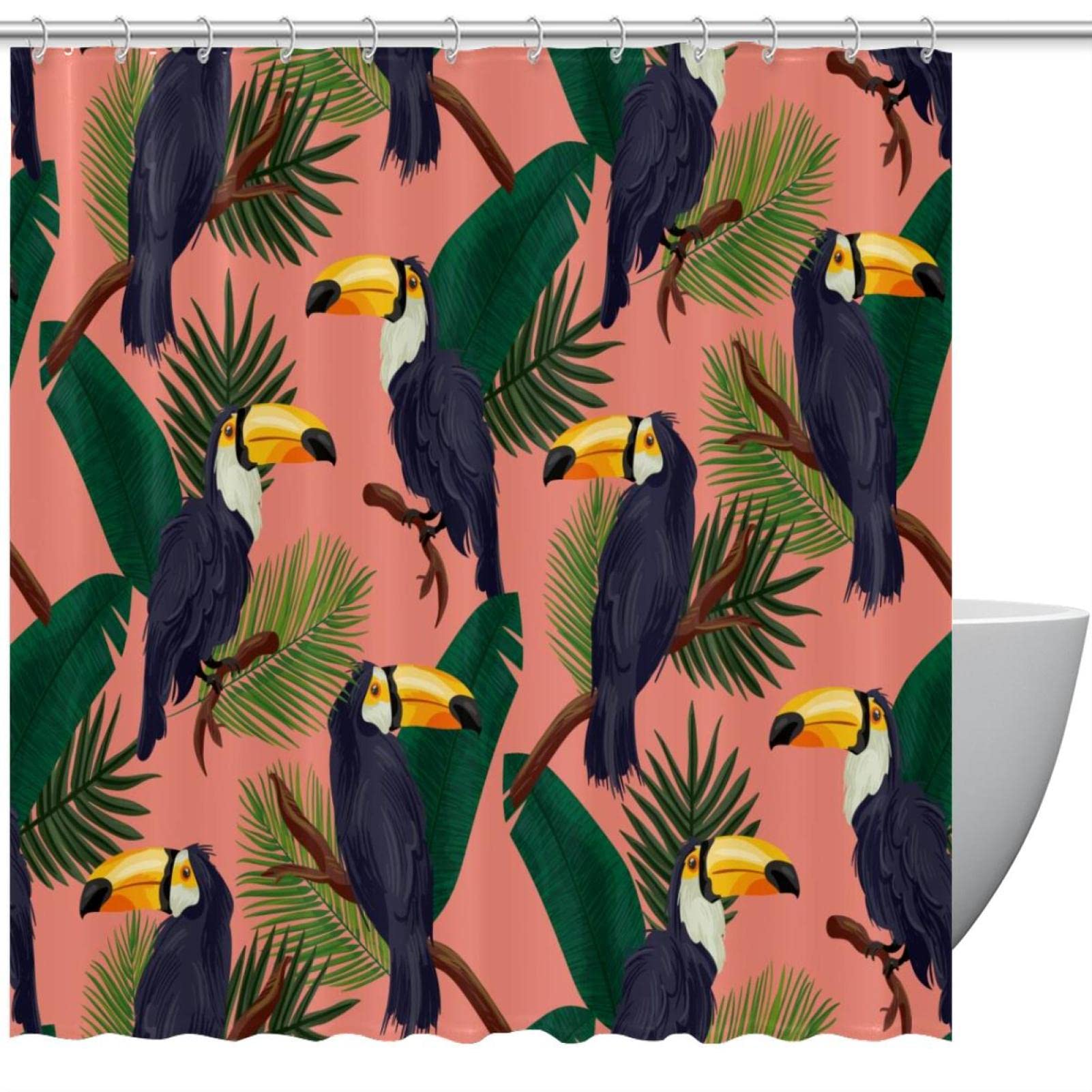 Rideau de douche oiseaux toucan feuilles vertes tropicales rose imperméable avec crochets