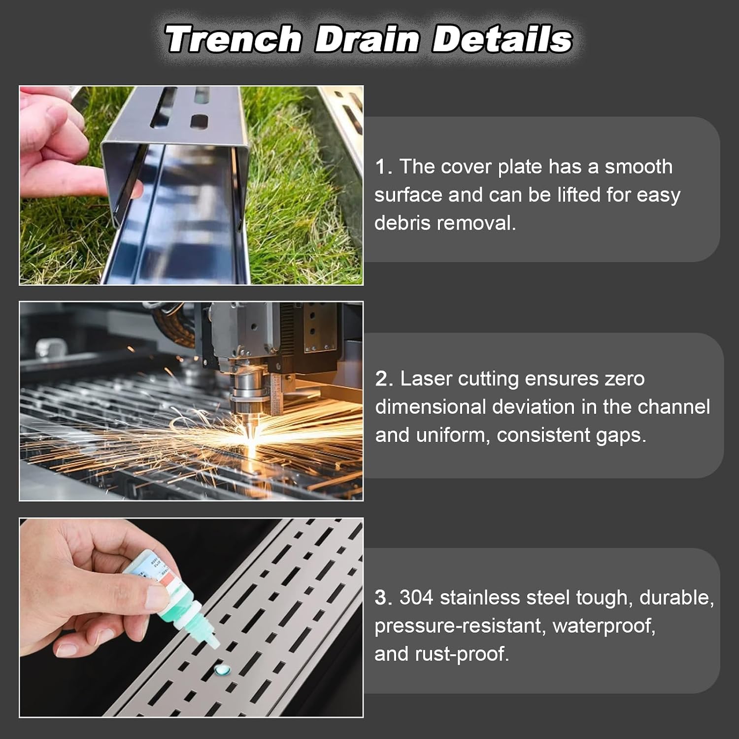 304 Stainless Steel Linear Drain Grate Channel - Heavy Duty Outdoor Trench Drain Cover for Driveway, Yard, Garden & Patio - Prevents Water Pooling & Flooding Solutions
