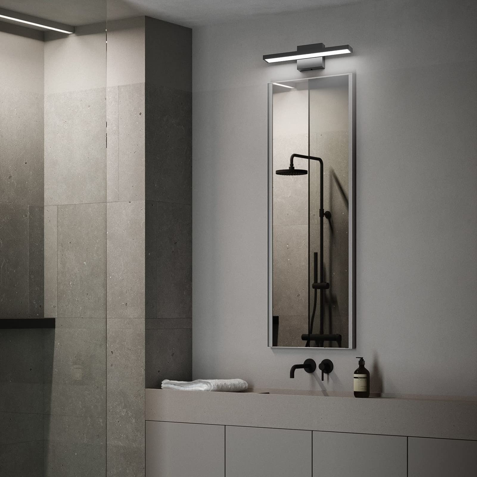Klighten Lampe Miroir LED Salle de Bain 40cm, 12W 1080LM Applique Miroir Salle de Bains, IP44 Lumière Miroir Salle de Bain Moderne, 6000K Blanc Froid, 60 LEDs, 110-240V, Noir