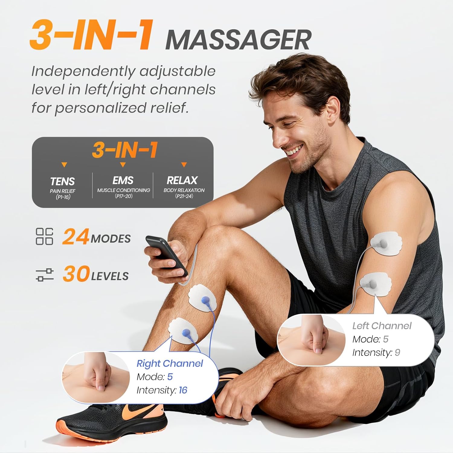 3-in-1 TENS Unit Muscle Stimulator with 24 Modes, Newest Color Display, Innovative Single Type-C Port, Dual-Channel TENS Machine for Shoulder, Back Pain Relief Therapy, EMS Massager Machine, 10 Pads - Image 3