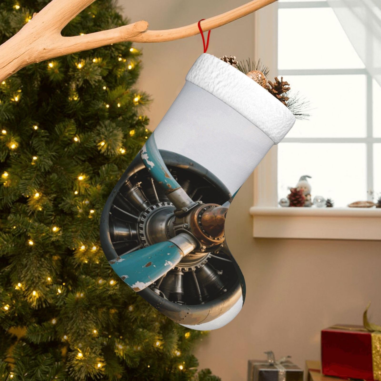 Velvet Christmas Stockings 17.7 Inch, Airplane Xmas Stocking with Soft Cuff,Classic Personalized Christmas Tree Decoration for Family Holiday New Year Party Supplies