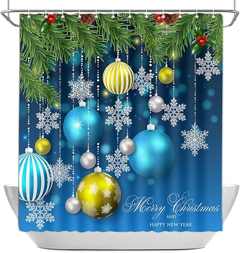 Cortina de ducha de Navidad, bolas de Navidad y copos de nieve para colgar en ramas de pino de Navidad, cortinas de baño de tela azul y verde,