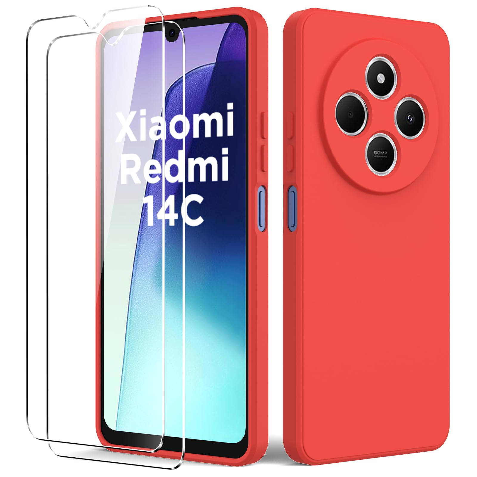 Byvuwiay Cover per Xiaomi Redmi 14C/Xiaomi Poco C75 con 2 Vetro Temperato Pellicola Protettiva, Custodia in TPU Ultra Sottile Antiurto Anti-Scratch Case, Rosso