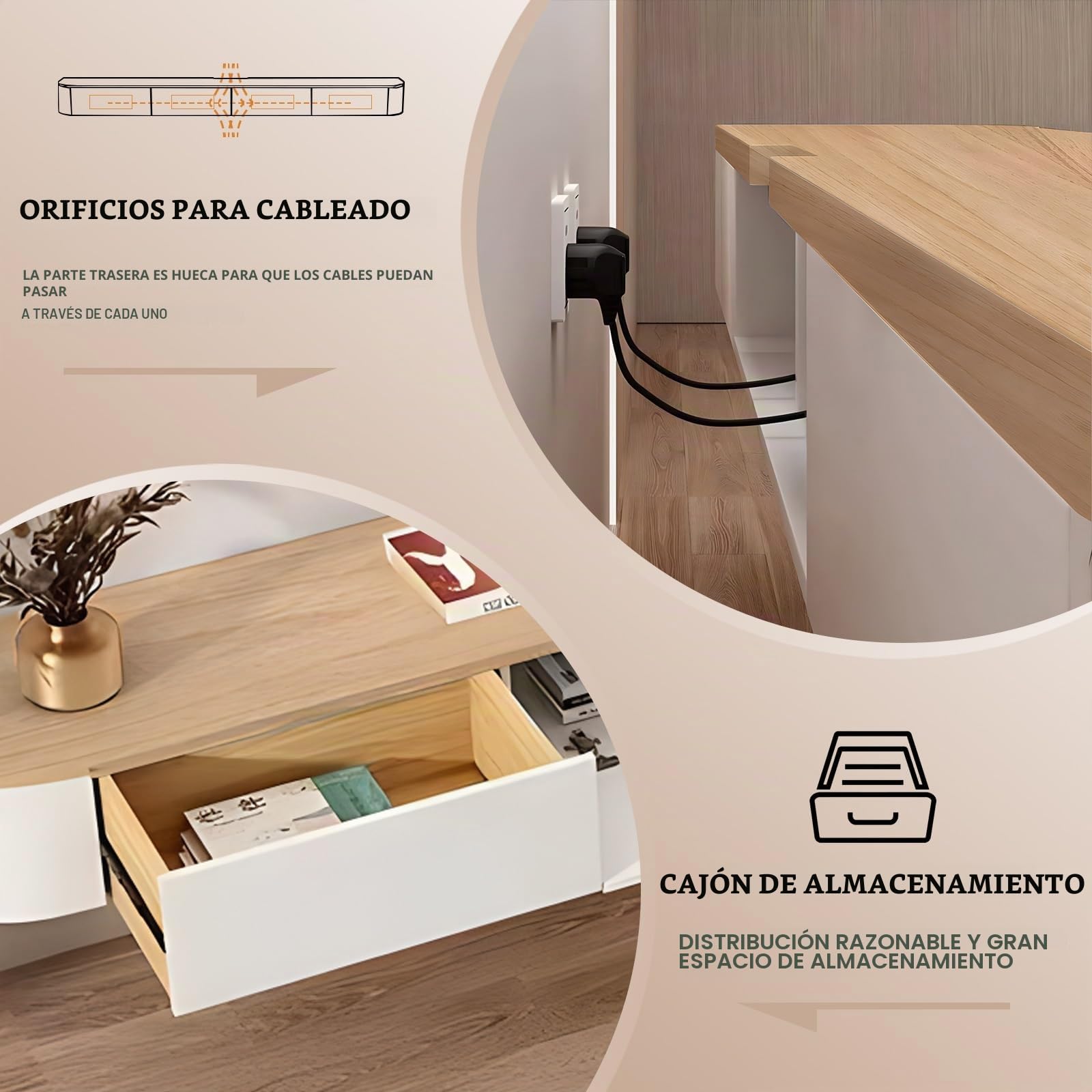 Mueble de TV flotante premontado con cajones, mueble de TV de madera montado en la pared, consola flotante moderna con gran almacenamiento, banco de TV que ahorra espacio debajo de la TV para sala de
