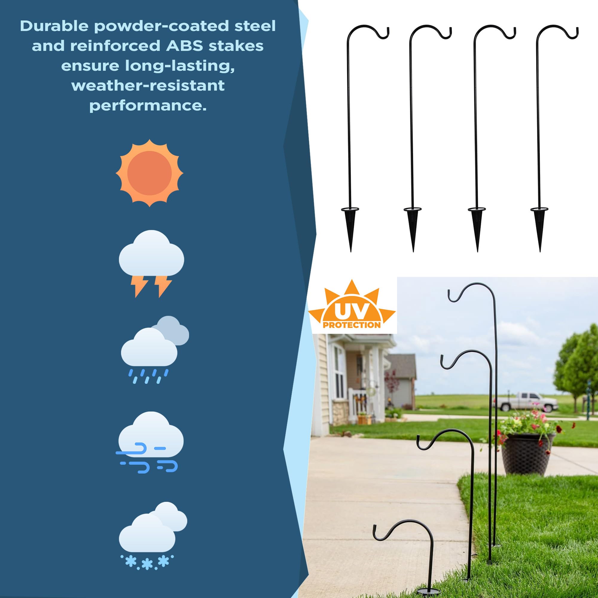Lot de 4 piquets de Jardin avec Crochets de Berger – Meilleurs piquets de pelouse pour la décoration – Suspendez des bocaux Mason et des Lampes solaires – Décoration extérieure –