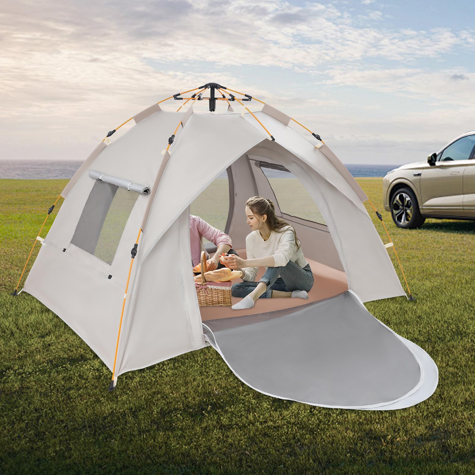 Tienda de campaña instantánea para 3 personas, tienda de campaña con 2 ventanas de malla y bolsa de transporte, tienda de campaña familiar domo impermeable y resistente al viento para camping familiar
