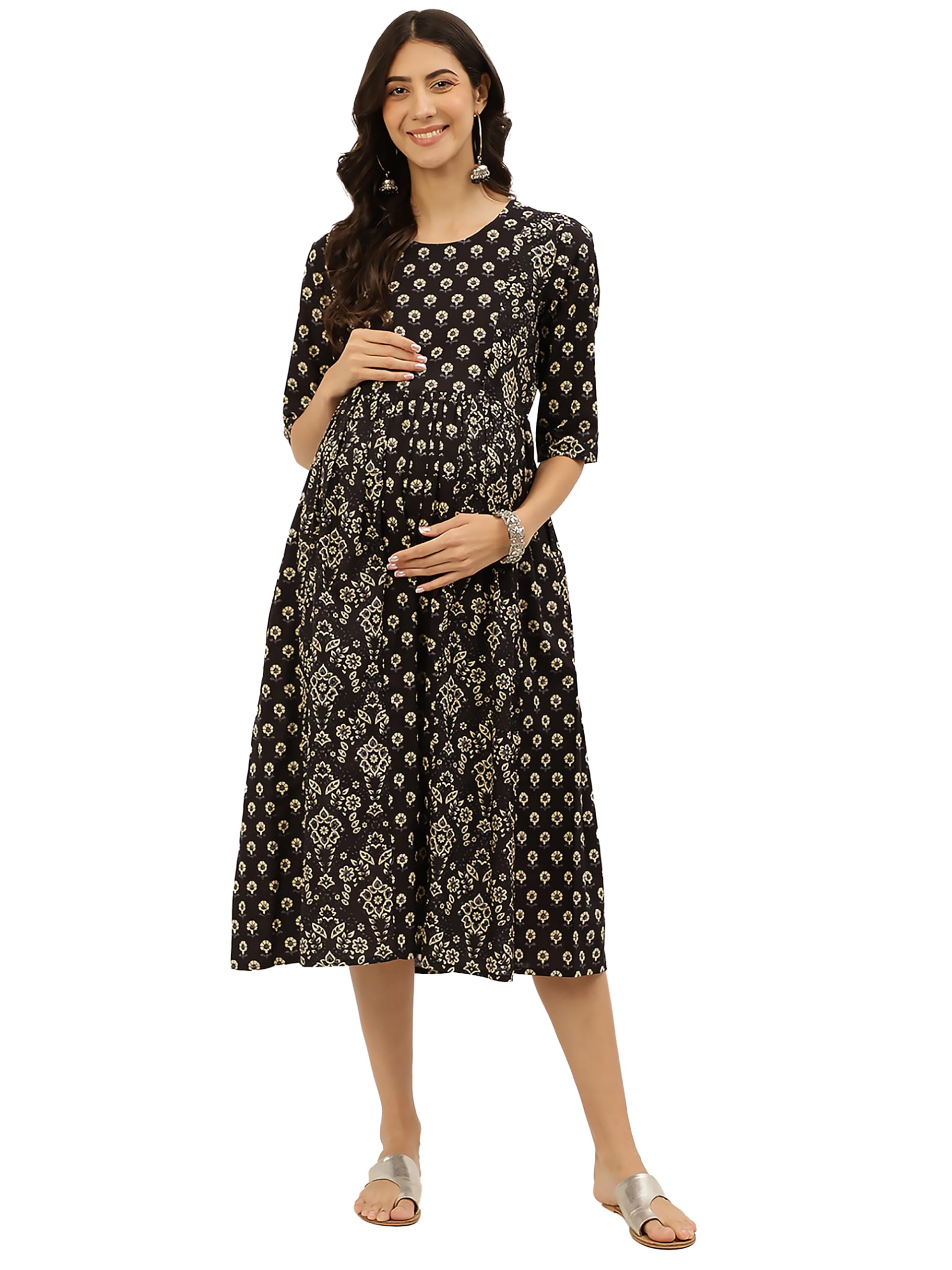 Negen Cotton Maternity Dresses for Women - Black Floral Breastfeeding Maternity Gown Kurti for Pregnant Women - Nursing Pre and Post Pregnancy Wear
