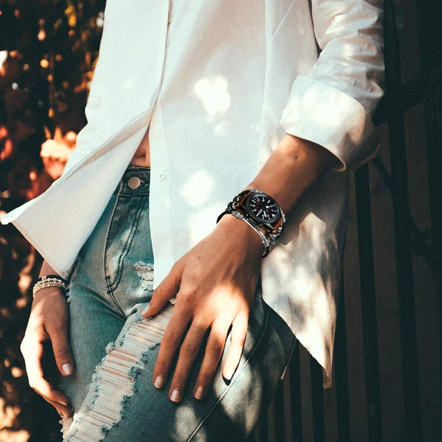 Compatible with Samsung Galaxy Watch 7&FE&6&5&4&3 Band/40mm 44mm/Watch 5 Pro/Watch 6&4 Classic 43mm/47mm/42mm/46mm/Active 2/Garmin Venu, 20mm Leather Bracelet Metal Buckle Strap for Women&Men image 5
