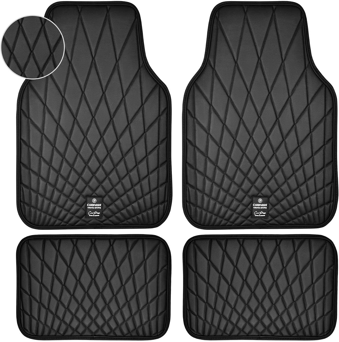 Alfombrillas de piel sintética para coches, juego completo de alfombrillas impermeables de lujo para todo tipo de clima, alfombrillas antideslizantes para automóviles de lujo, ajuste universal para la mayoría de SUV, furgonetas, sedanes, camiones, 4 piezas, todo negro