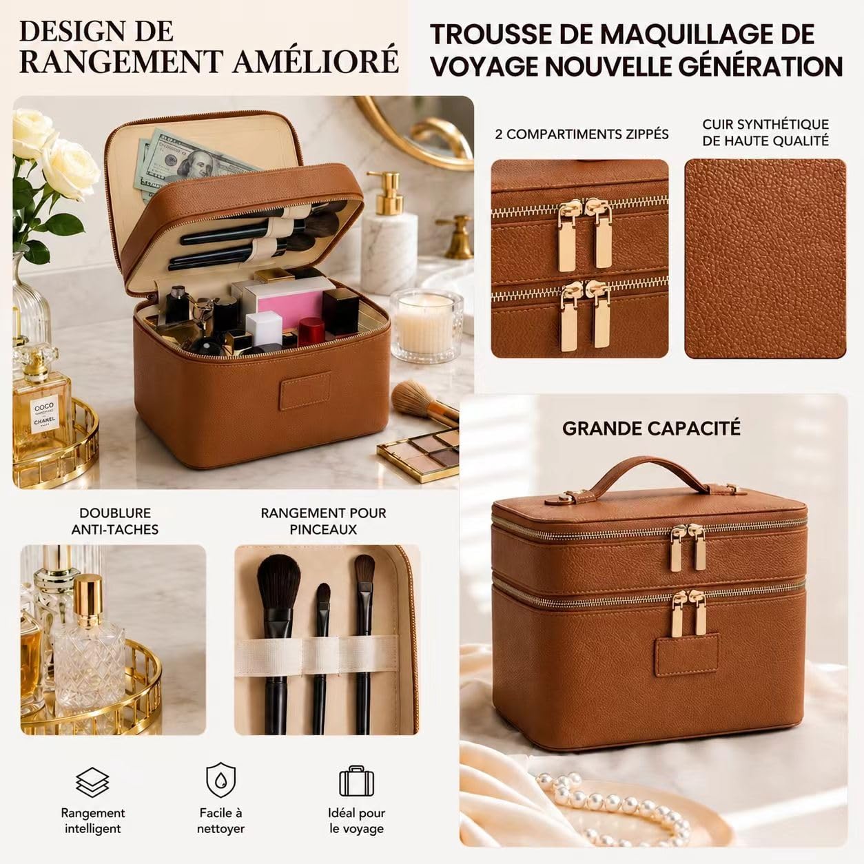 Trousse de Maquillage Double Couche Grande Capacité, Vanity Voyage avec Compartiment Amovible, Sac de Toilette Imperméable à Pochettes Multiples pour Femme