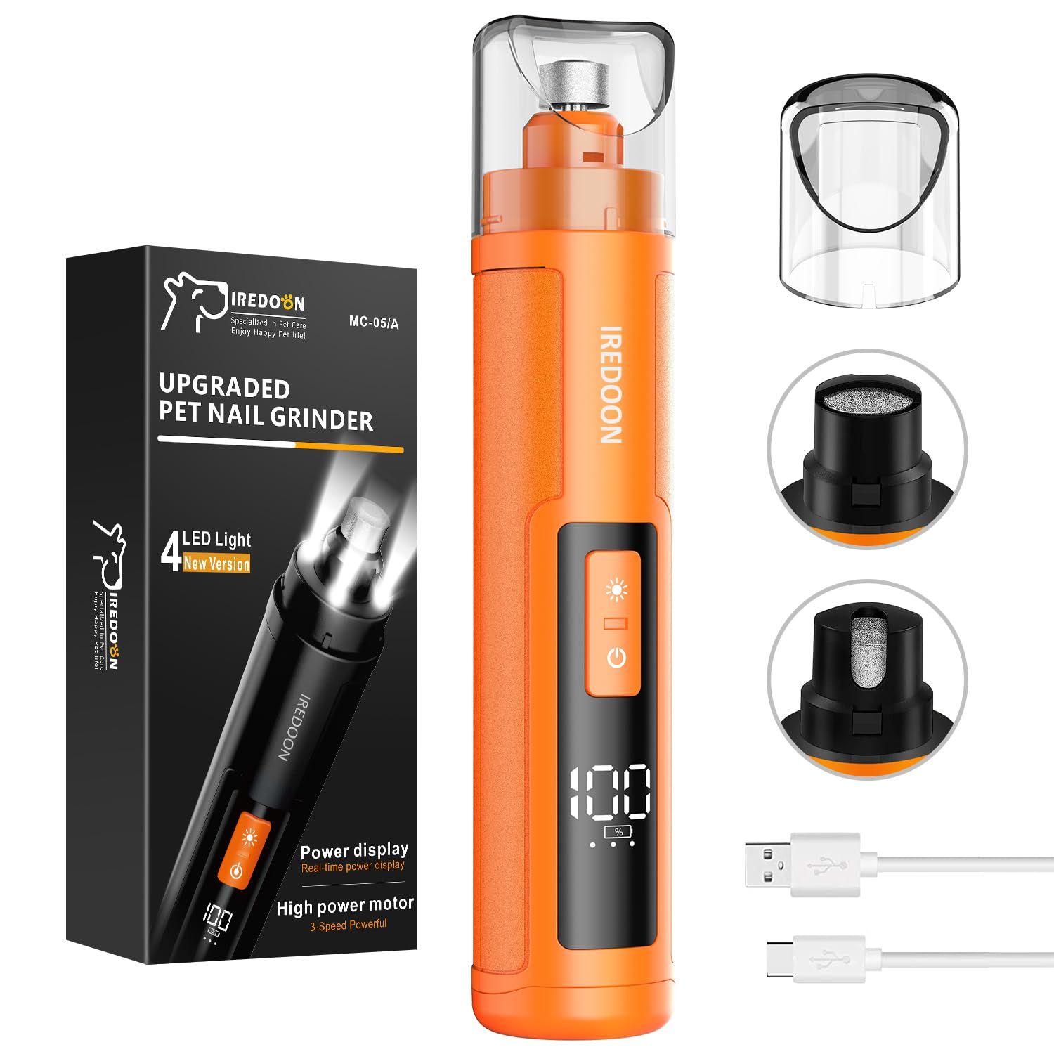 Dog Nail Grinder Upgraded - Professional 3-Speed Super Quiet and Low Vibration Electric Pet Nail Grinder with 4 LED Lights - Painless Paws Grooming & Smoothing for Small to Large Dogs (Orange)