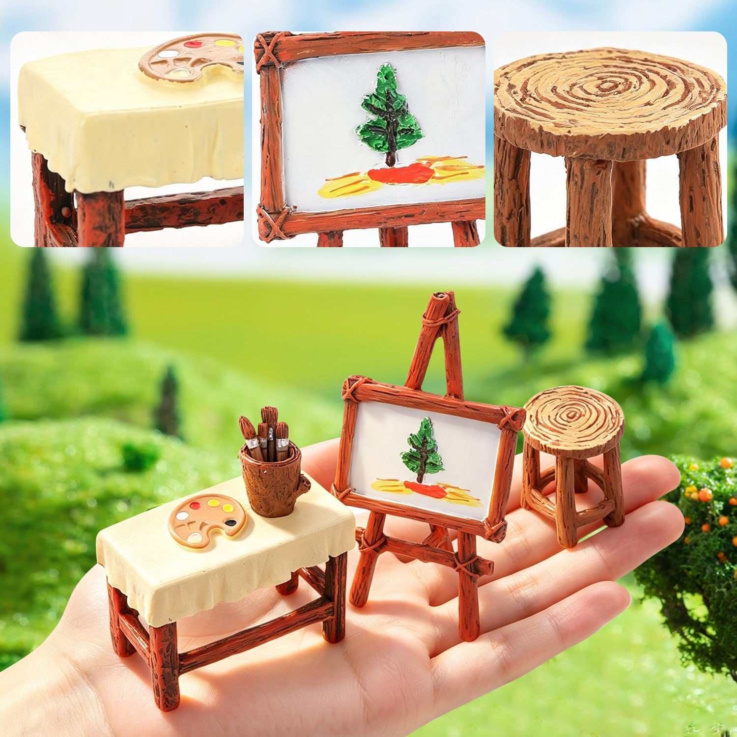 Mini Easel Figurine Fairy Garden Accessories Miniature Table and stool Set | Fairy House Ornaments Decor Set for Outdoor Micro Resin Decoration for Bonsai Terrariums Landscape DIY Craft Gift