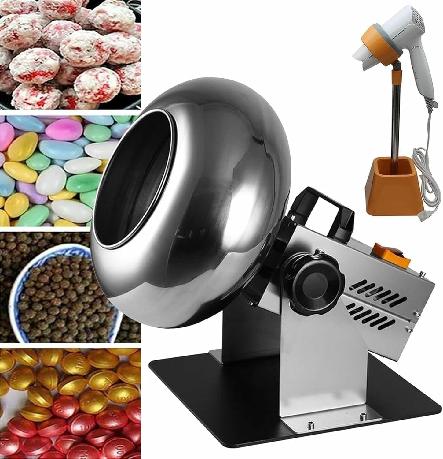 Candy Coating Machine，Small Commercial Chocolate Panning Machine, 1-3 Kg/Time Sugar Ball Coating Drying Machine, Adjustable Angle Peanut Nut Coating Machine with Stand & Blower