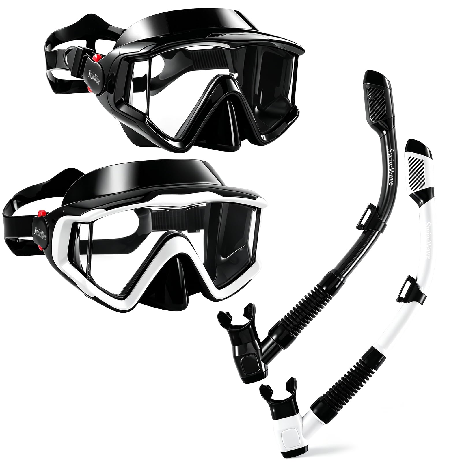 SwiwWave Schnorchelset Erwachsene 2 Stück mit Taucherbrille und Schnorchel | 180° Panorama Sichtfeld Anti-Fog Anti-Leck Tauchmaske aus Gehärtetem Glas